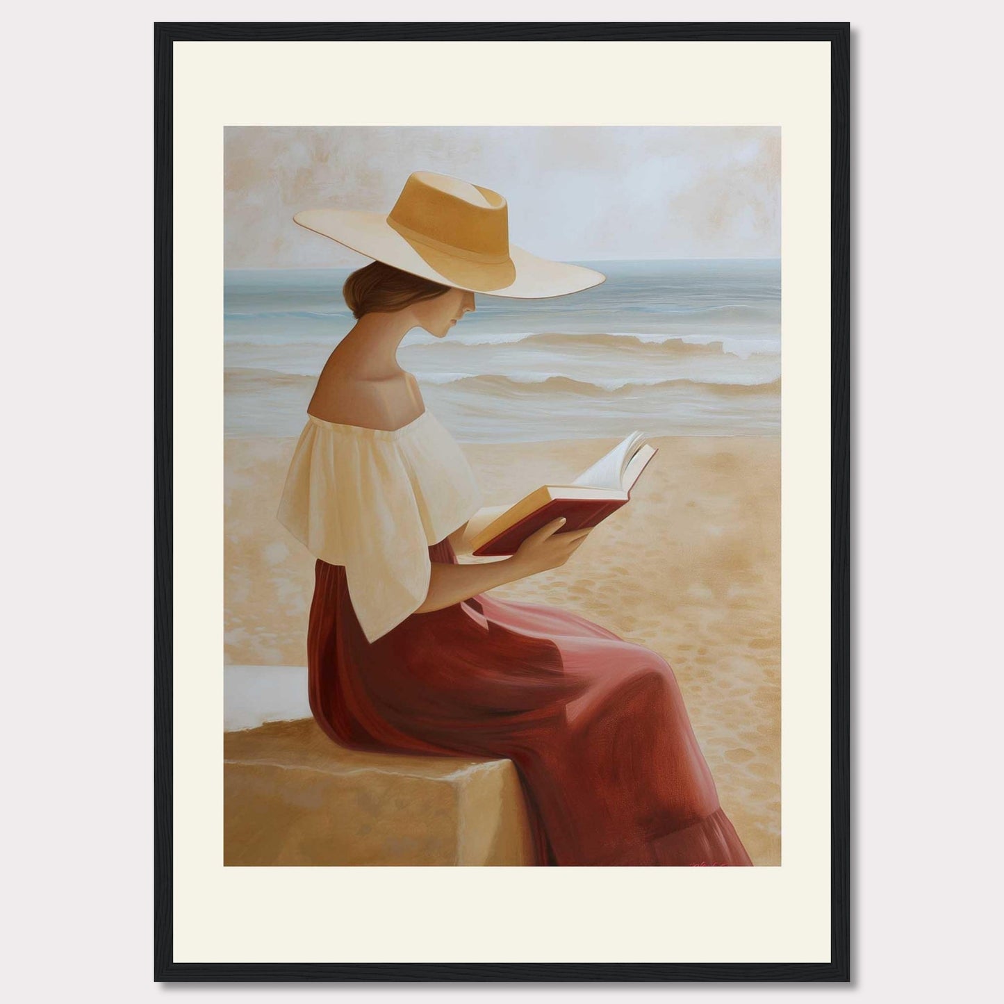 This serene painting depicts a woman sitting by the beach, engrossed in a book. She wears a wide-brimmed hat and a flowing dress, with the ocean waves gently rolling in the background.