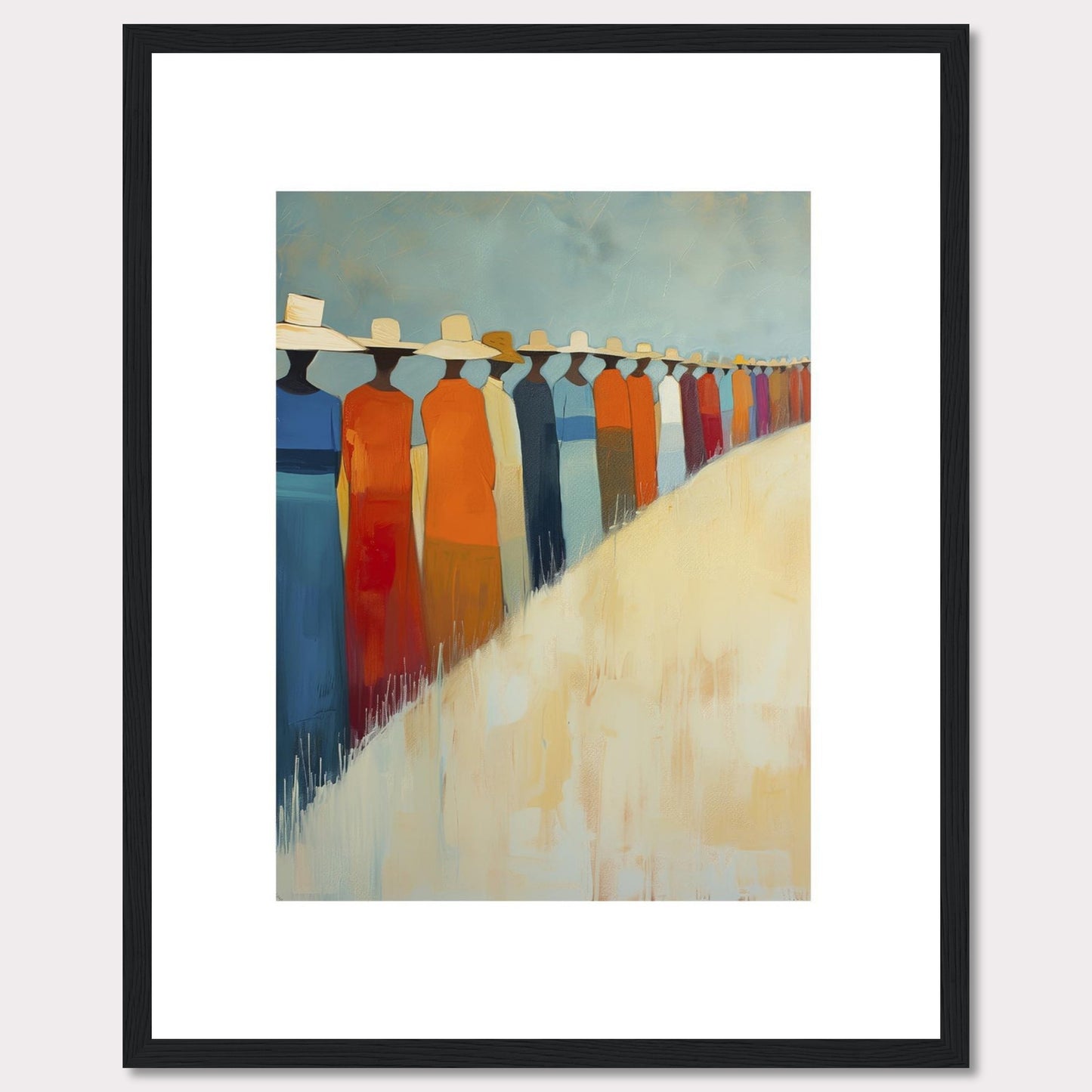 This artwork features a line of abstract figures wearing wide-brimmed hats, standing against a serene backdrop. The figures are dressed in vibrant colors, predominantly orange, blue, and white. The painting exudes a sense of unity and calmness.