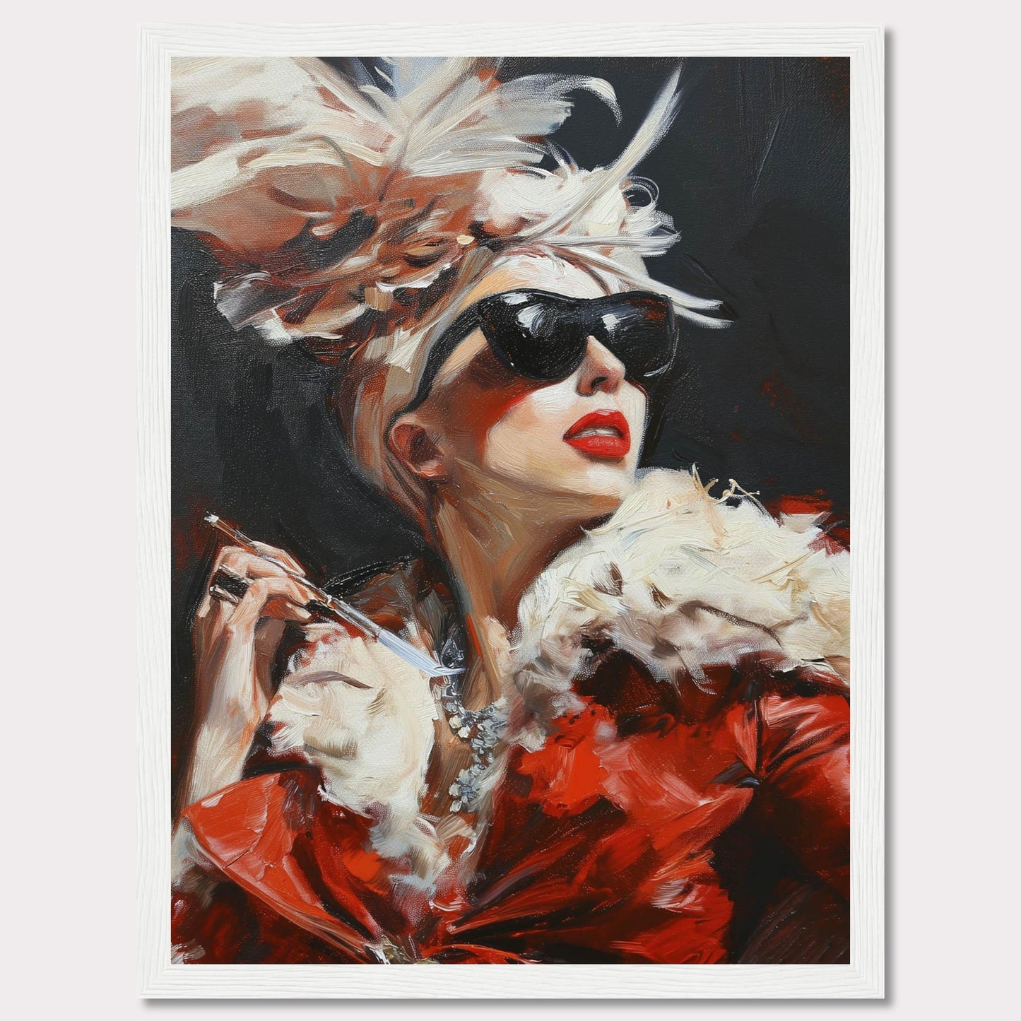 This striking painting captures a glamorous woman exuding confidence and elegance. Adorned in a luxurious red fur coat, she wears dark sunglasses and a dramatic feathered hat, holding a cigarette holder with poise. The bold brushstrokes and vibrant colors add to the dynamic and sophisticated feel of the artwork.