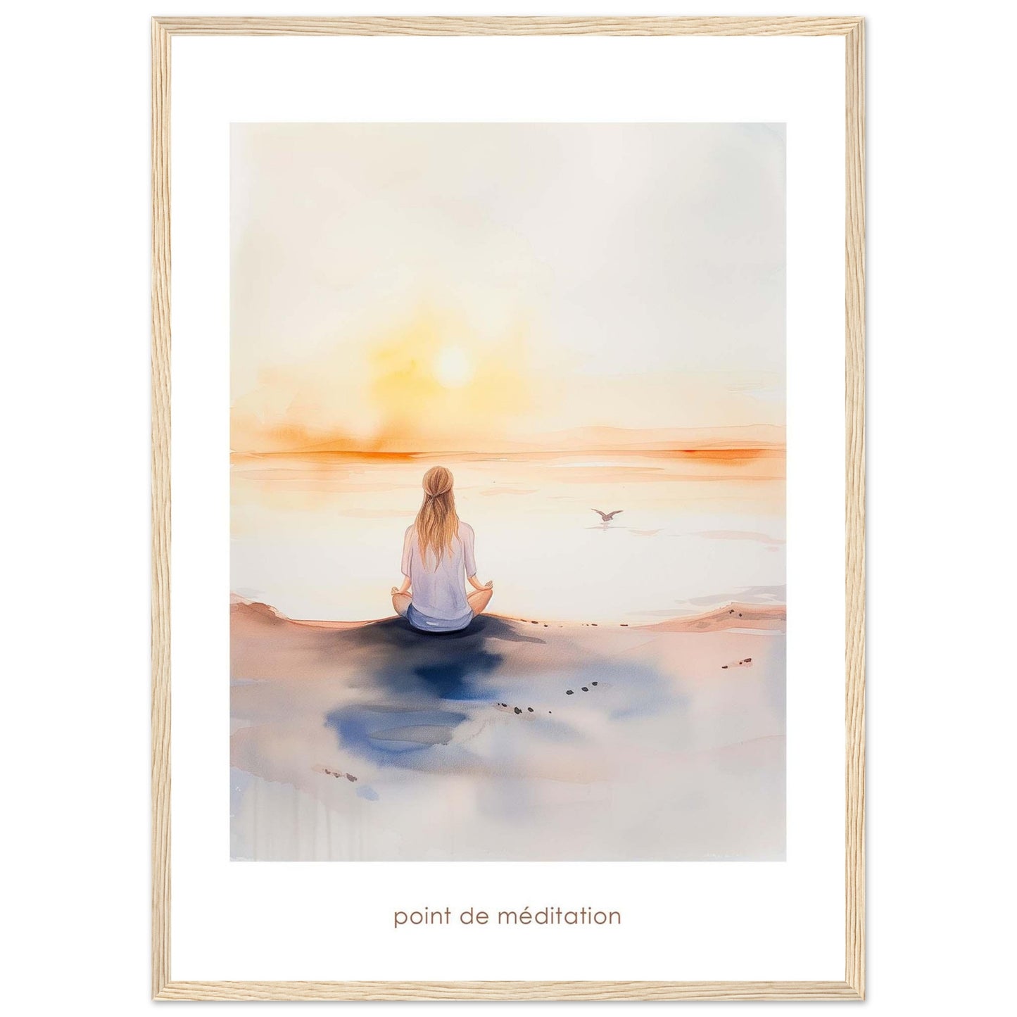 This serene artwork captures a tranquil moment of meditation by the sea at sunrise. A person sits cross-legged on the shore, facing the calming horizon as the sun rises, casting a warm glow over the water. A bird flies gracefully in the distance, adding to the peaceful ambiance. The soft colors and gentle brushstrokes evoke a sense of calm and introspection.