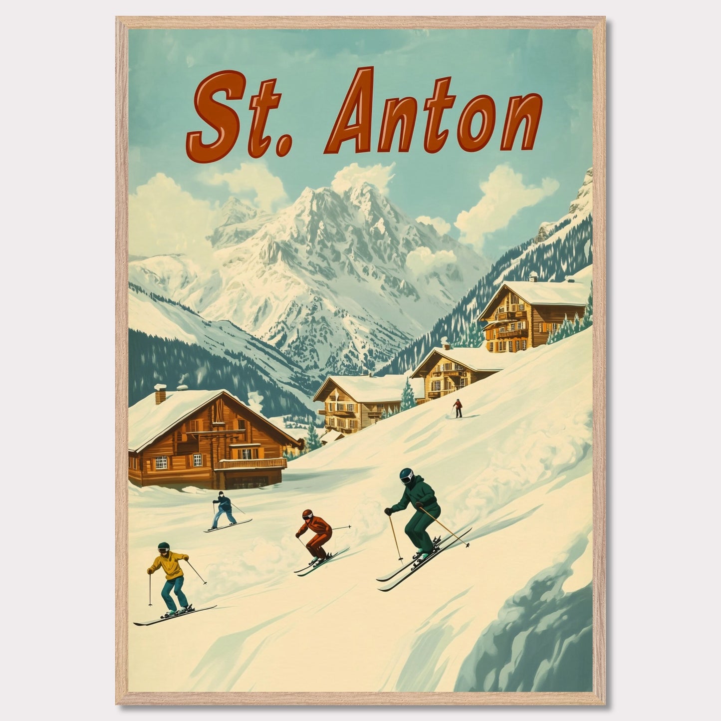 This vibrant retro-style poster captures the thrilling energy of skiing in St. Anton. The scene depicts skiers carving down the slopes, with picturesque alpine chalets nestled in the snow-covered hills and the majestic mountains towering in the background. The warm tones of the sky and the clean, crisp snow evoke the exhilarating experience of a winter sports haven. The bold retro typography adds a touch of nostalgia, perfectly highlighting the charm and adventure of St. Anton.