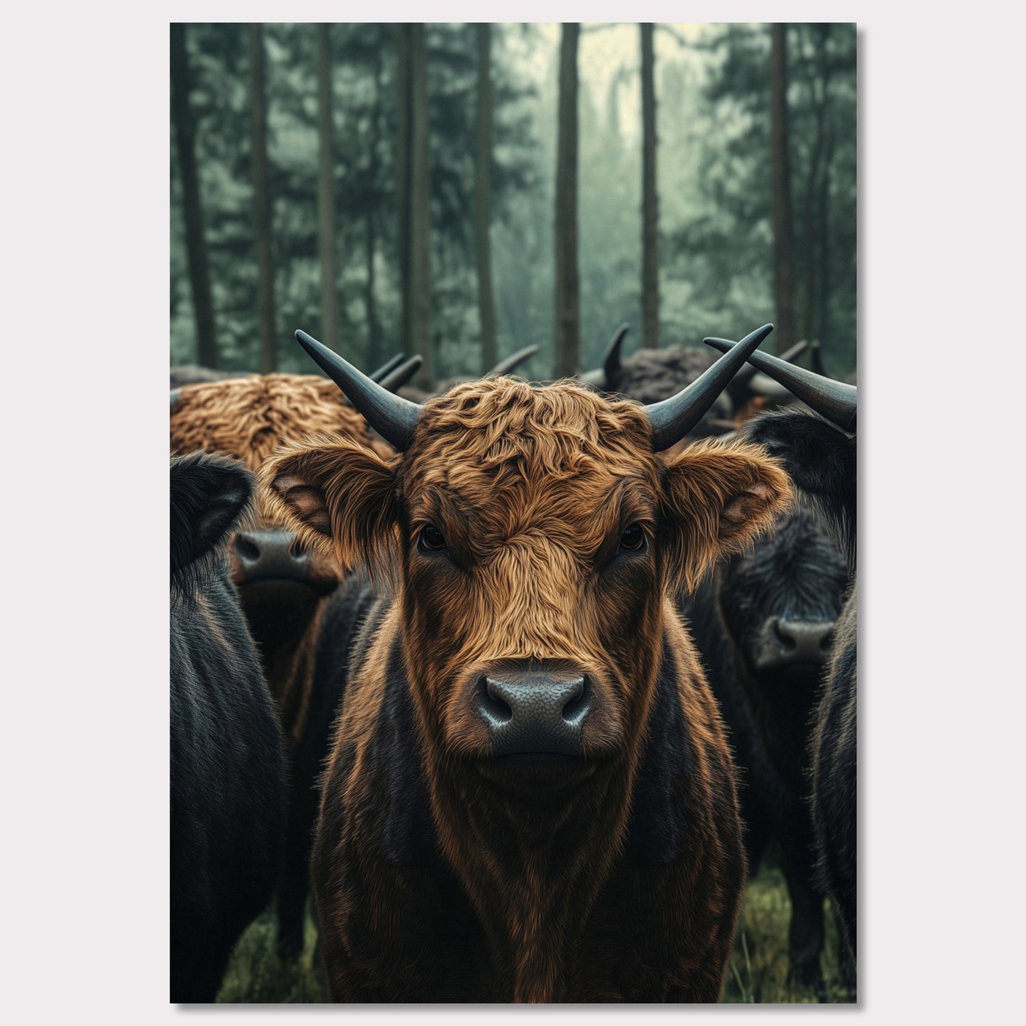 This captivating image features a herd of Highland cattle standing in a misty forest. The central focus is on a brown Highland cow, with its distinctive long horns and shaggy coat, staring directly at the viewer. The background showcases tall trees enveloped in fog, adding a mystical ambiance to the scene.