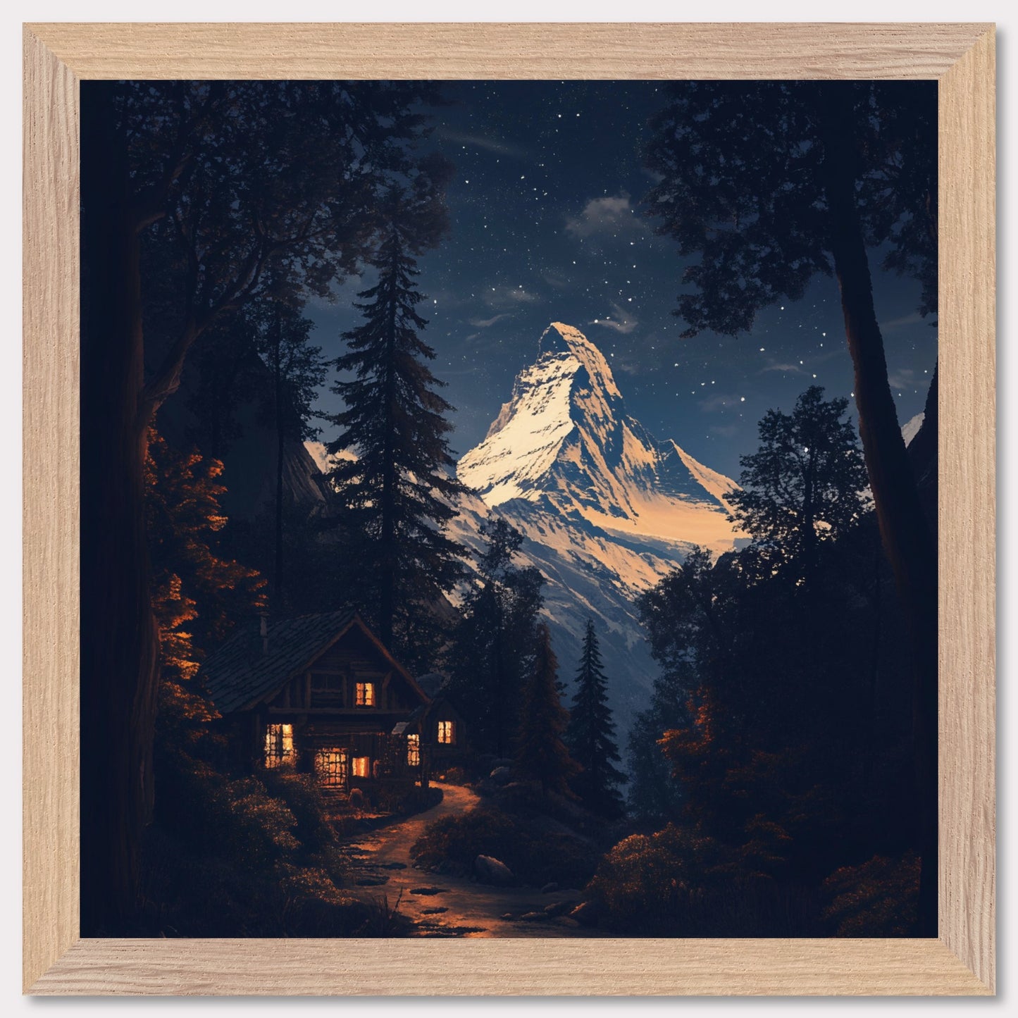 This breathtaking poster showcases the iconic Matterhorn mountain towering over a tranquil village at night, with the snow gently illuminated by the moon. The retro-inspired design and warm lighting from the chalets create a peaceful and majestic atmosphere, emphasizing the serene beauty of the Swiss Alps. This timeless poster captures the allure of winter in the Alps, making it a perfect reminder of the awe-inspiring landscapes and alpine tranquility.