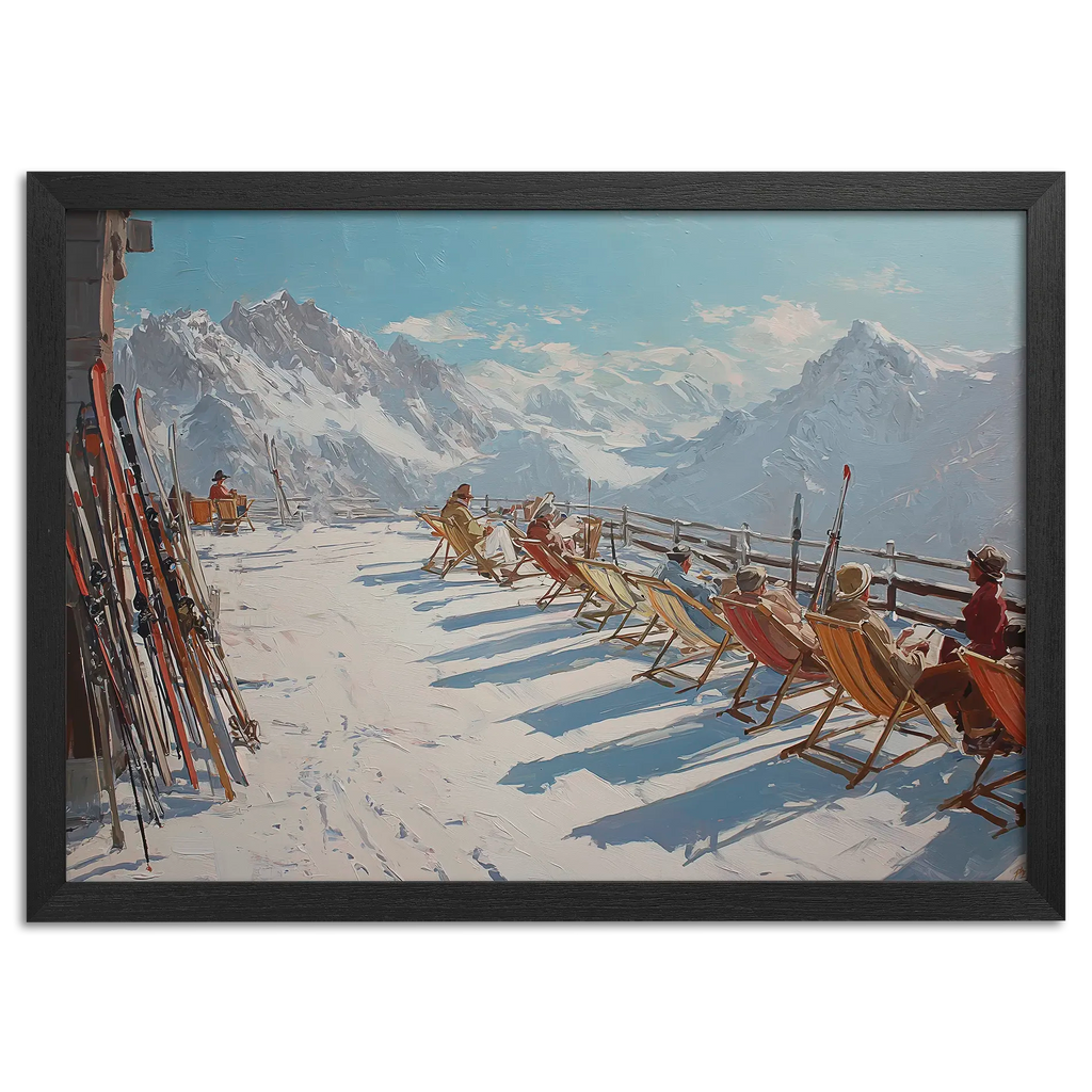 Alpine Après-Ski Terrace – Poster showing people relaxing on a mountain terrace with skis and snowy peaks.