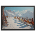 Alpine Après-Ski Terrace – Poster showing people relaxing on a mountain terrace with skis and snowy peaks.