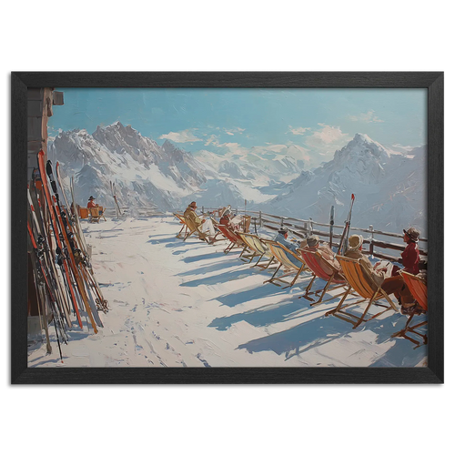 Alpine Après-Ski Terrace – Poster showing people relaxing on a mountain terrace with skis and snowy peaks.
