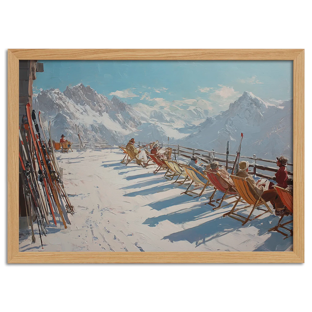 Alpine Après-Ski Terrace – Poster featuring a sunny mountain scene with people relaxing in deck chairs.