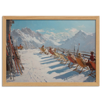 Alpine Après-Ski Terrace – Poster featuring a sunny mountain scene with people relaxing in deck chairs.