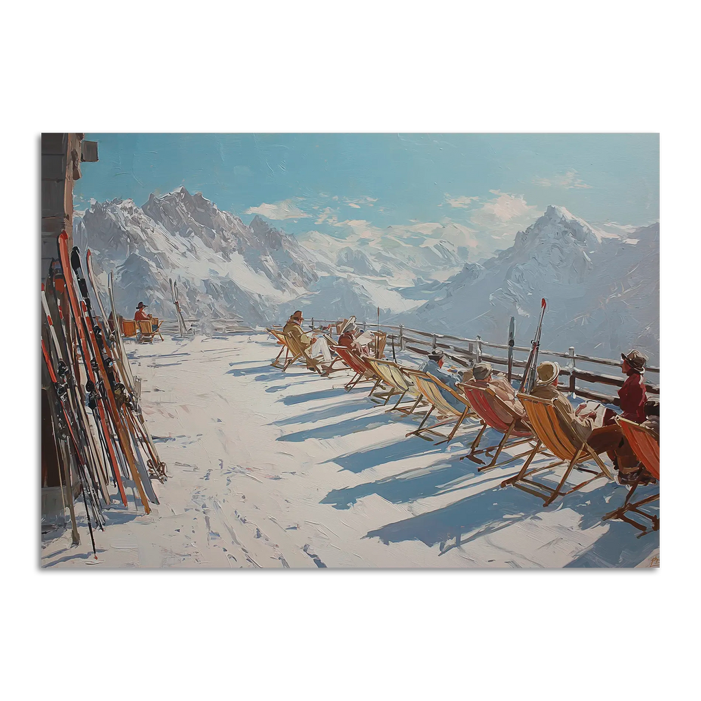 Alpine Après-Ski Terrace – Poster featuring a sunny mountain scene with people in deck chairs and skis.