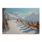 Alpine Après-Ski Terrace – Poster featuring a sunny mountain scene with people in deck chairs and skis.