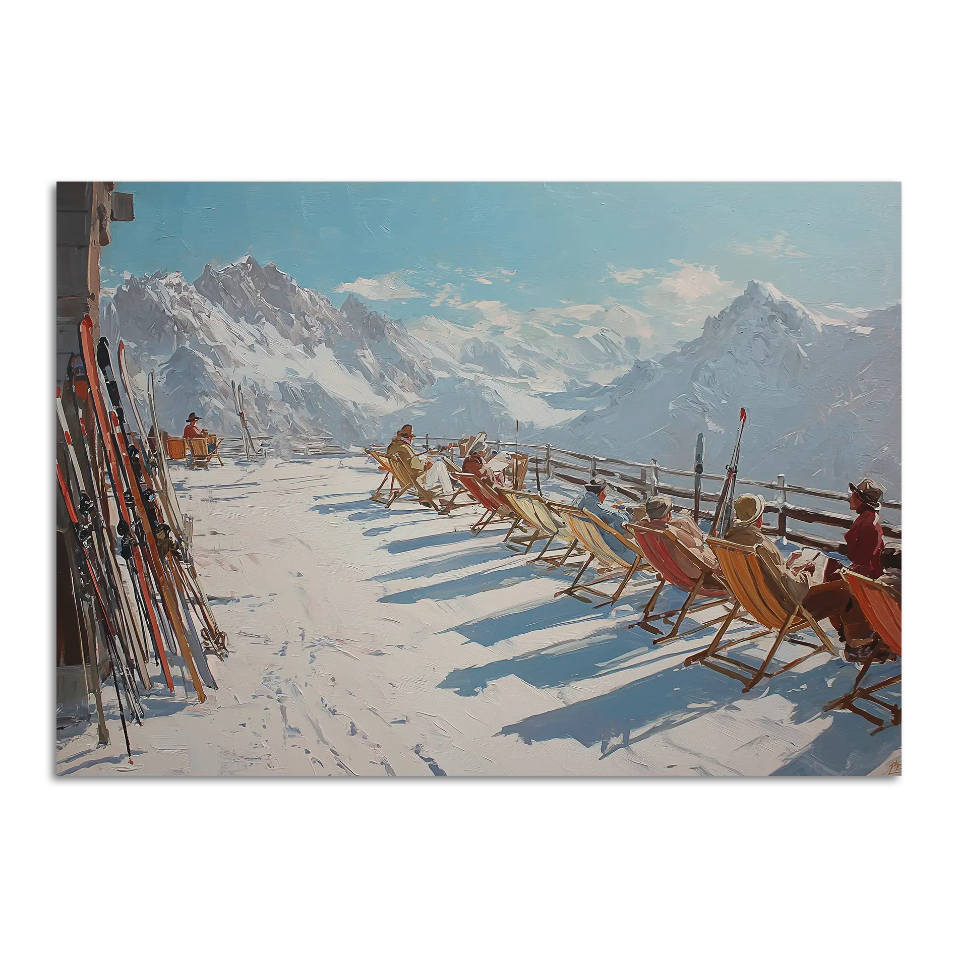Alpine Après-Ski Terrace – Poster featuring a sunny mountain scene with people in deck chairs and skis.