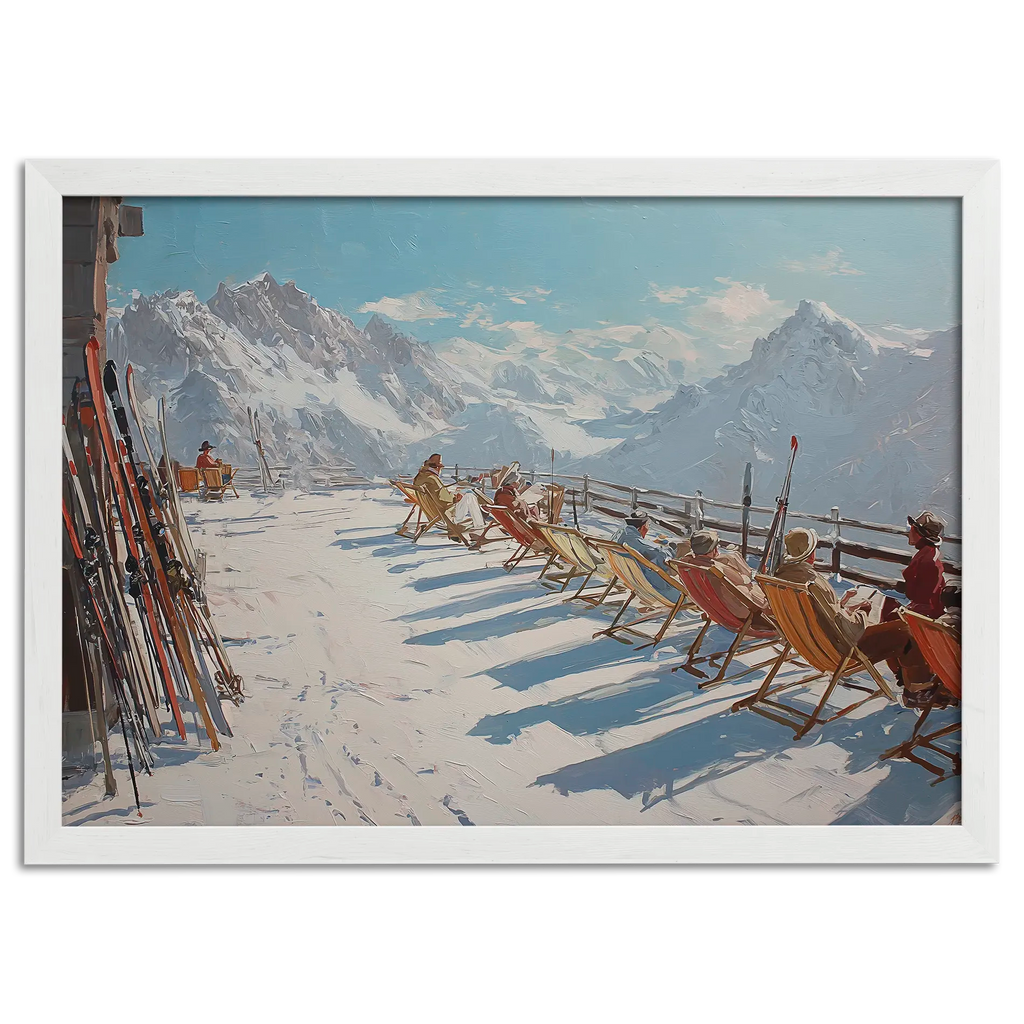 Alpine Après-Ski Terrace – Poster showing a sunny alpine terrace with people relaxing in deck chairs and skis nearby.