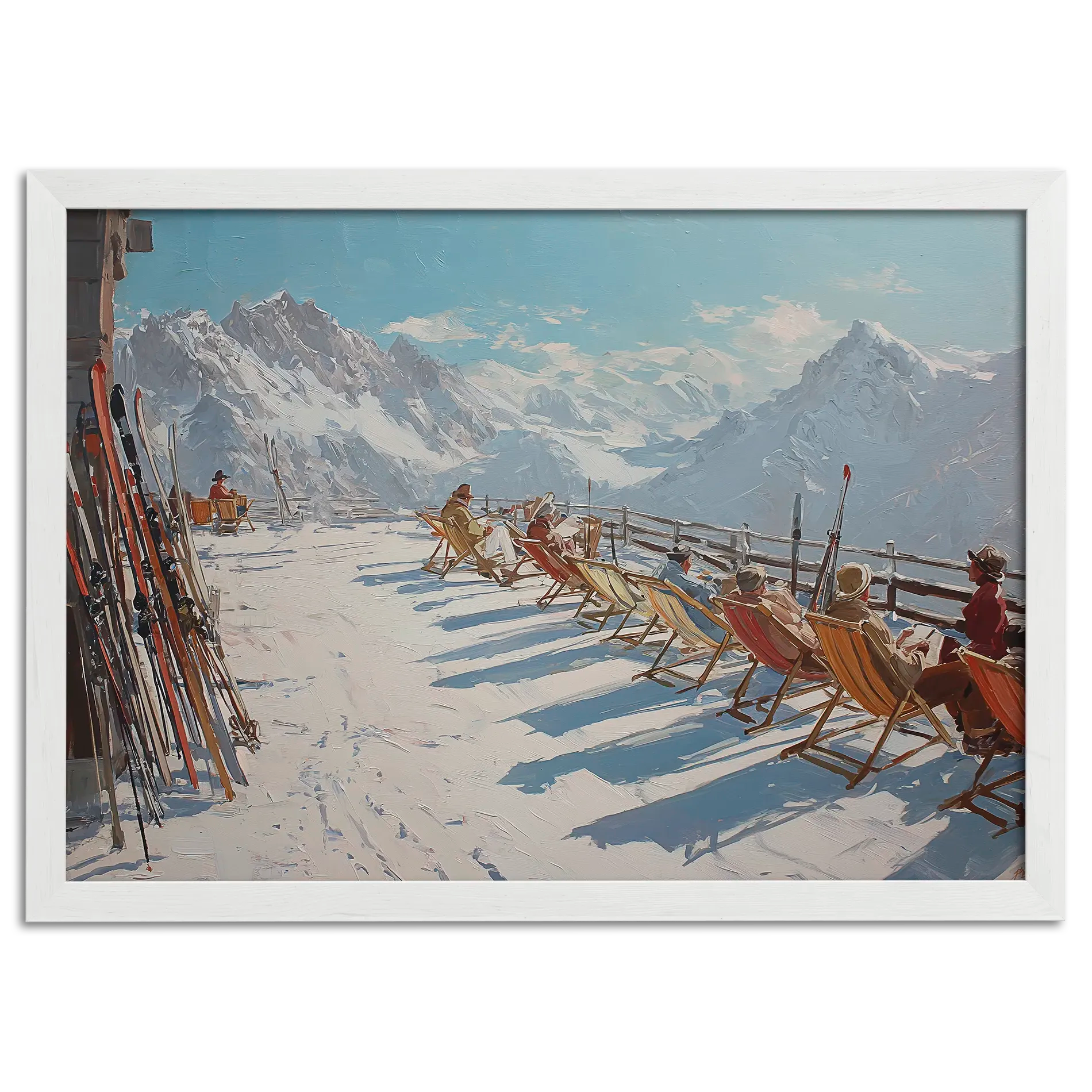 Alpine Après-Ski Terrace – Poster showing a sunny alpine terrace with people relaxing in deck chairs and skis nearby.