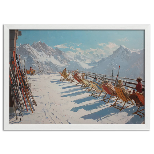 Alpine Après-Ski Terrace – Poster showing a sunny alpine terrace with people relaxing in deck chairs and skis nearby.