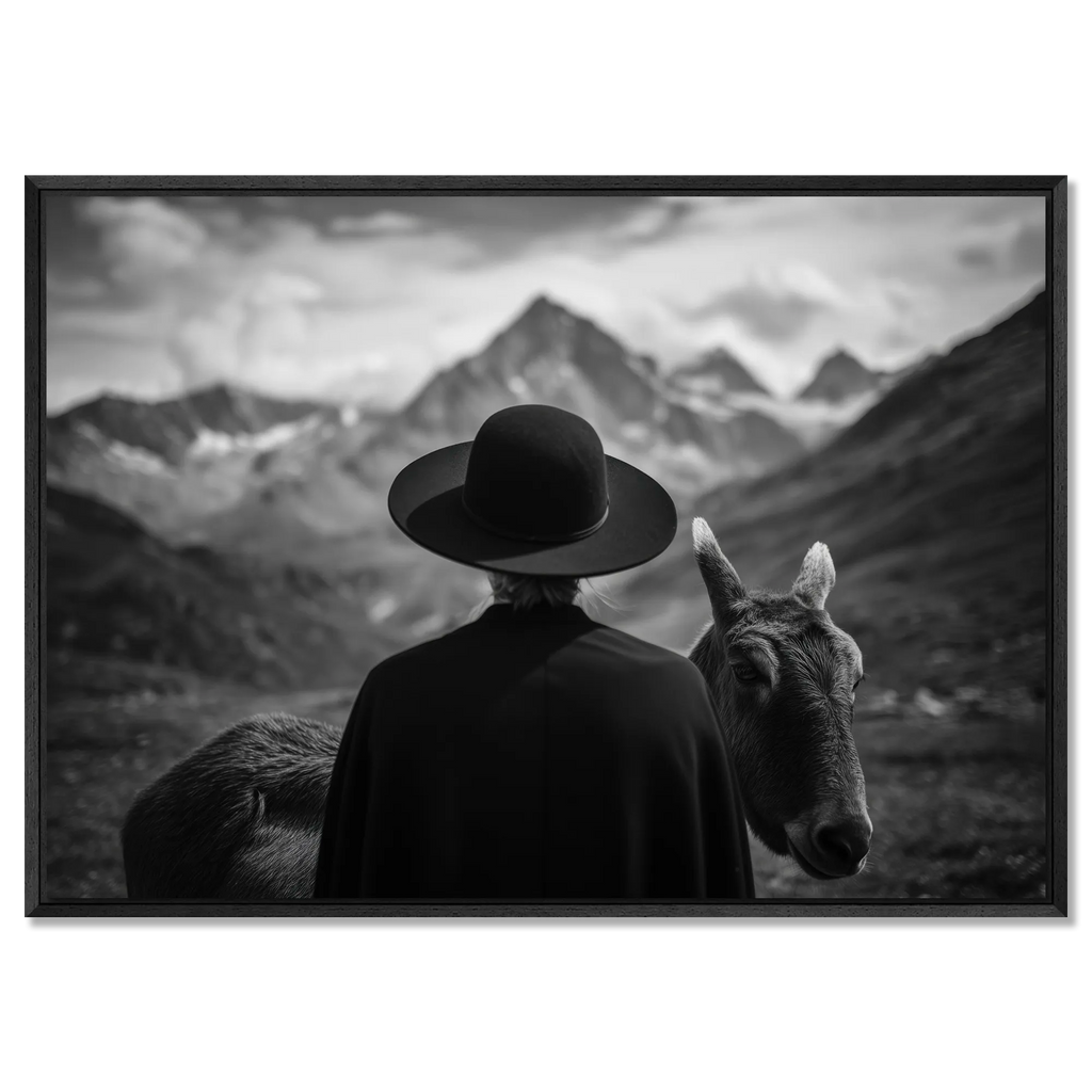 Alpine Companion and Donkey – Alu-Dibond wall art featuring a human and donkey in a serene alpine landscape.