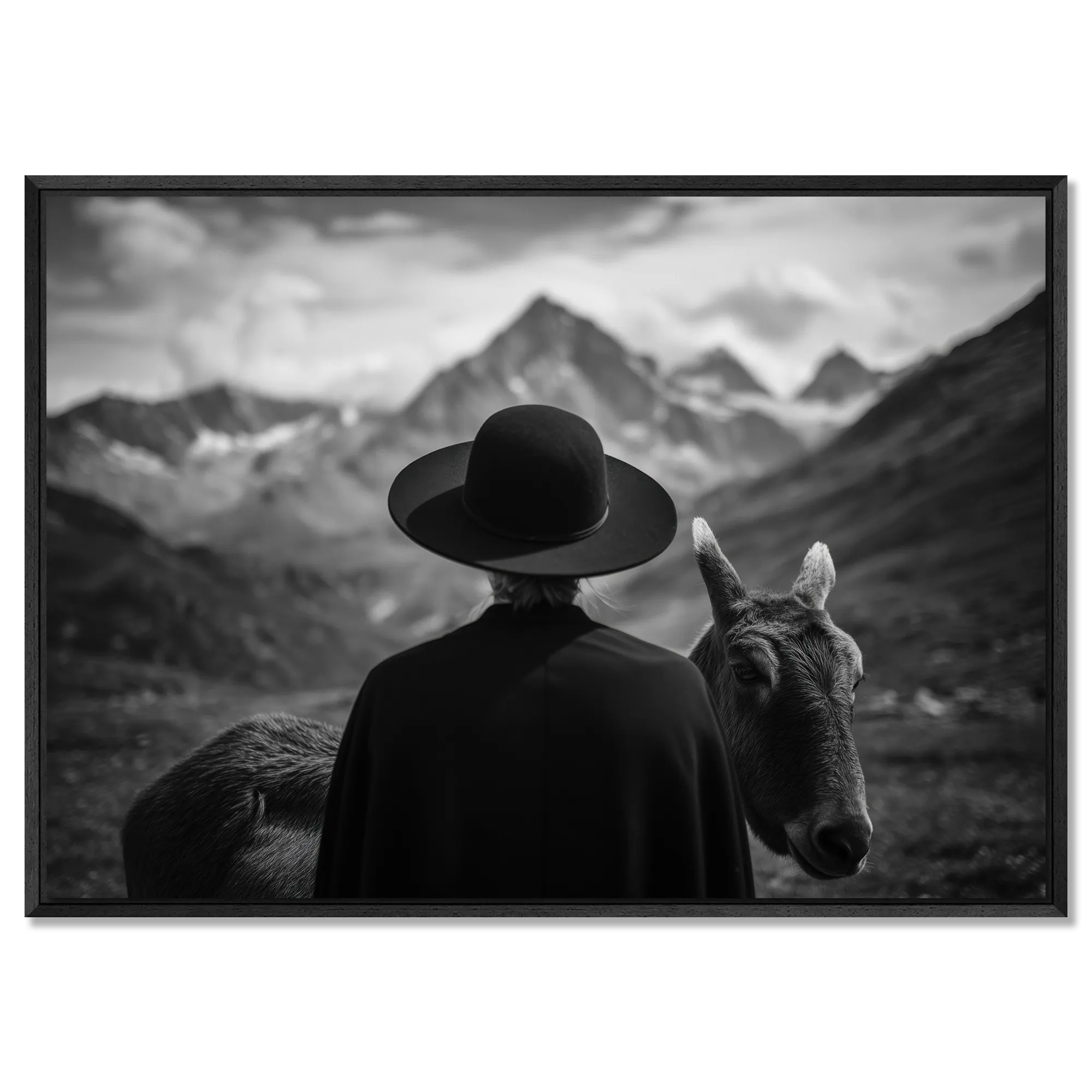 Alpine Companion and Donkey – Alu-Dibond wall art featuring a human and donkey in a serene alpine landscape.