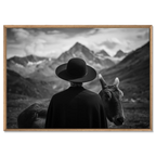Alpine Companion and Donkey – Alu-Dibond wall art featuring a human figure with an alpine donkey in mountainous scenery.