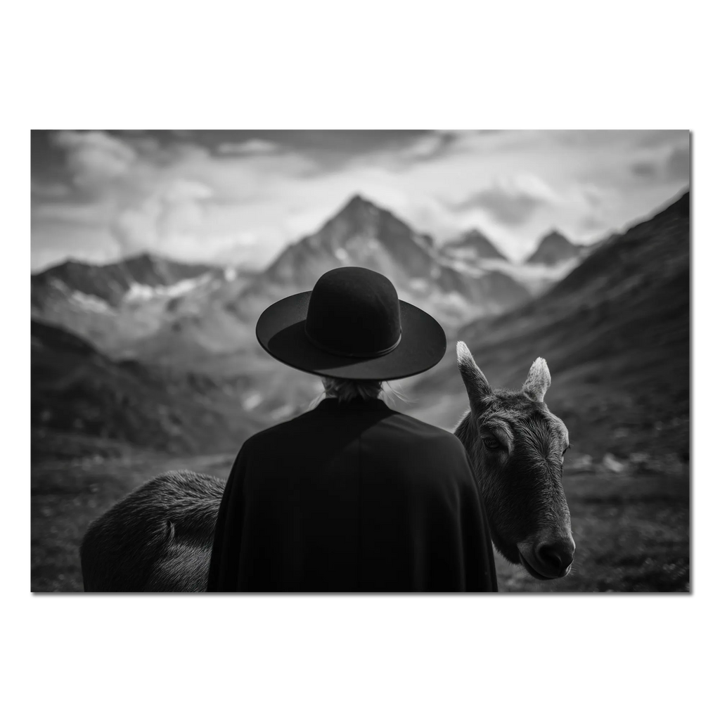 Alpine Companion and Donkey – Alu-Dibond wall art depicting a human and donkey in the serene Alps.