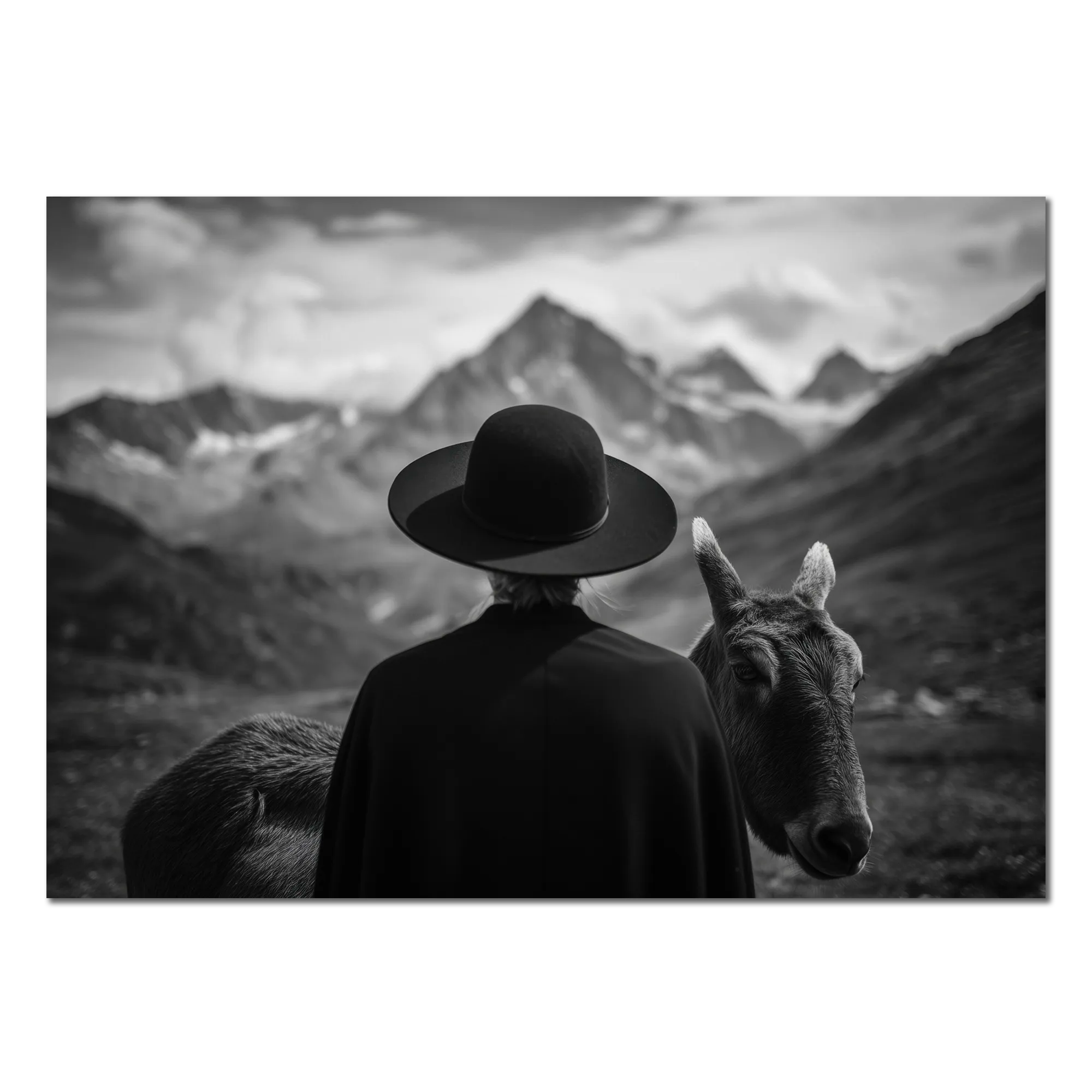 Alpine Companion and Donkey – Alu-Dibond wall art depicting a human and donkey in the serene Alps.