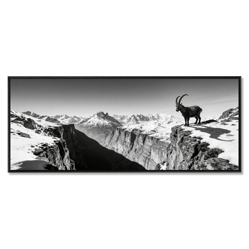 Alpine Ibex Horizon – Alu-Dibond wall art featuring a solitary ibex overlooking a dramatic mountain landscape.