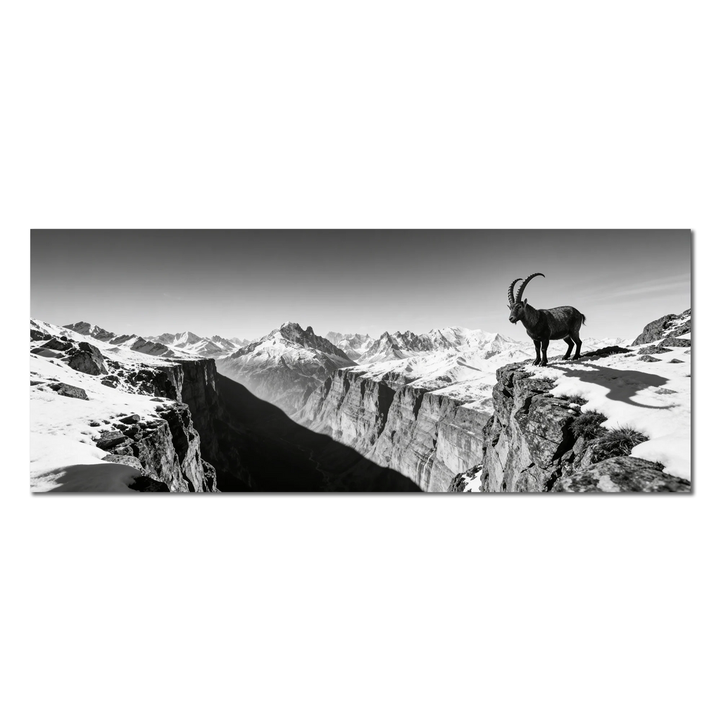 Alpine Ibex Horizon – Alu-Dibond wall art featuring an ibex on a cliff overlooking a snowy mountain landscape.