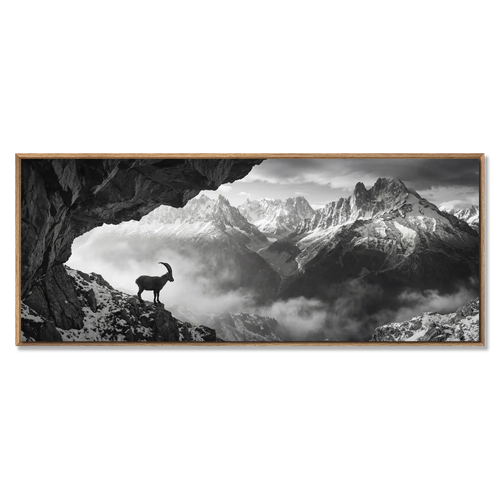 Alpine Ibex Stillness – Alu-Dibond wall art showcasing a solitary ibex on a rocky slope with majestic mountains.