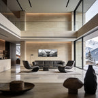 Alpine Cow Majesty – Alu-Dibond wall art displayed in a modern living room with mountain views, enhancing wall decor.