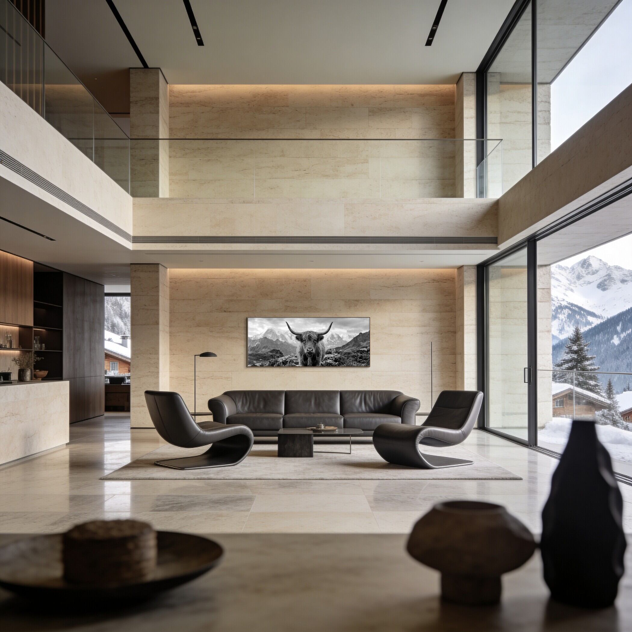 Alpine Cow Majesty – Alu-Dibond wall art displayed in a modern living room with mountain views, enhancing wall decor.