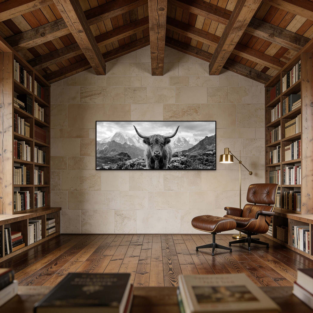 Alpine Cow Majesty – Alu-Dibond wall art in a cozy library with wooden accents and mountain scenery.