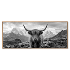 Alpine Cow Majesty – Alu-Dibond wall art featuring a striking black-and-white portrait of a majestic cow.