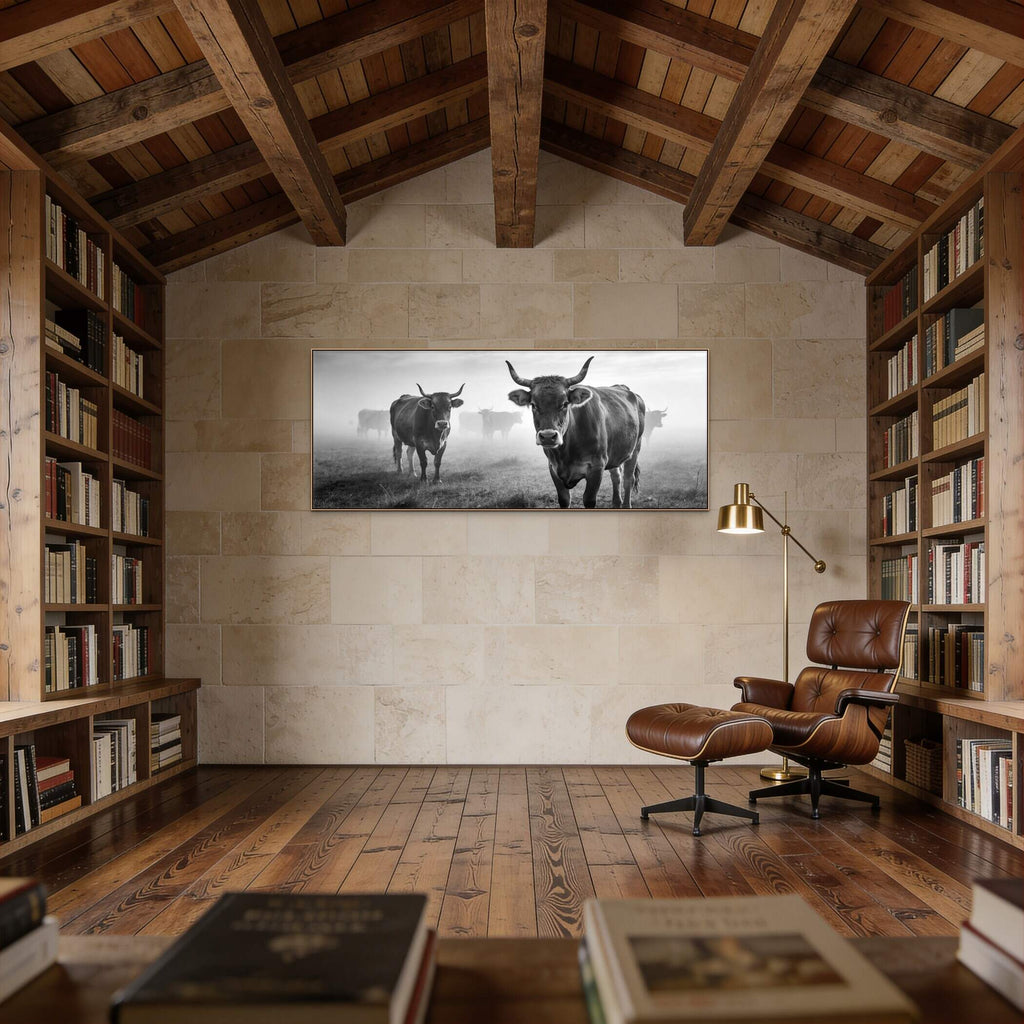 Alpine Cow Watch – Alu-Dibond wall art displayed in a cozy library, featuring a group of alpine cows in foggy landscape.