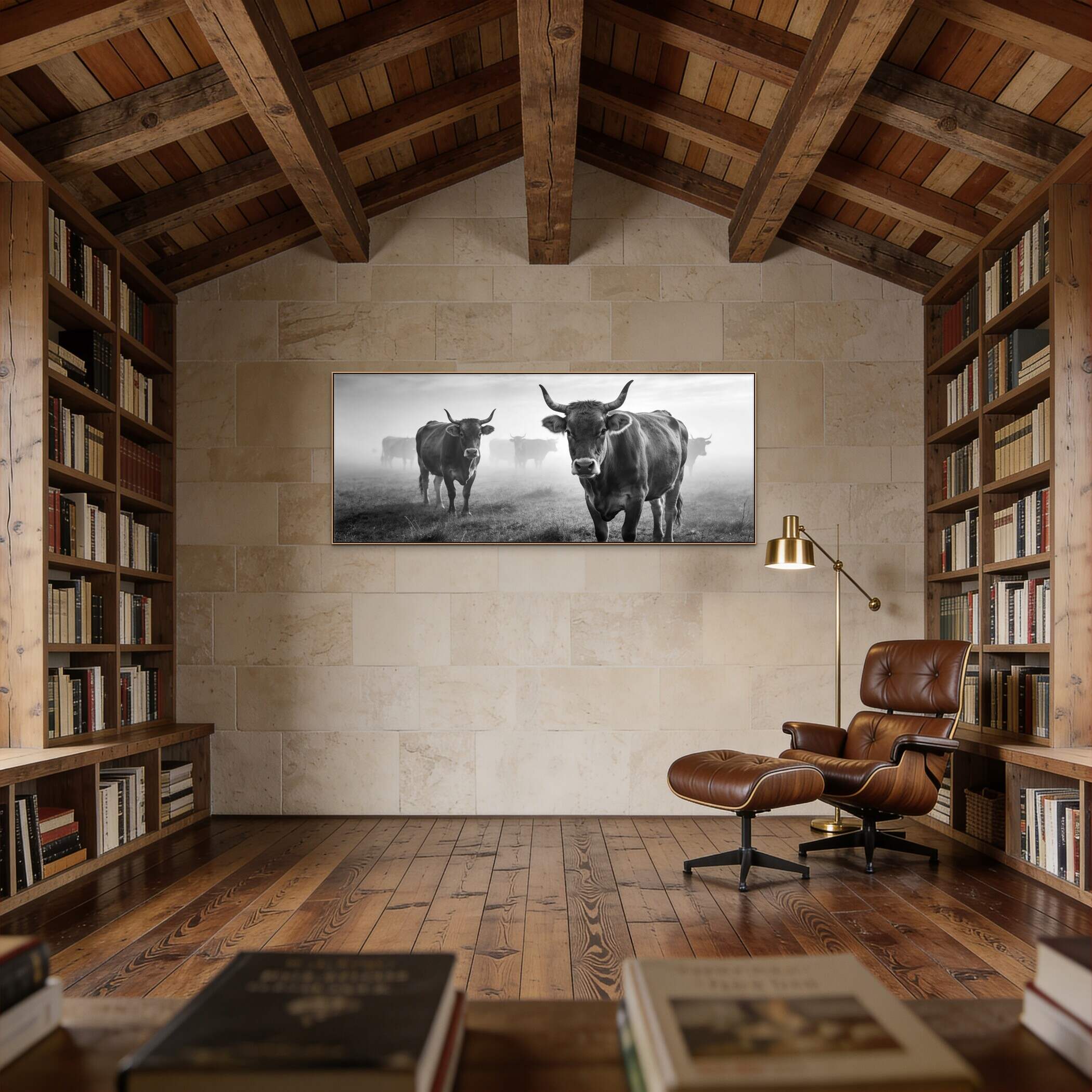 Alpine Cow Watch – Alu-Dibond wall art displayed in a cozy library, featuring a group of alpine cows in foggy landscape.