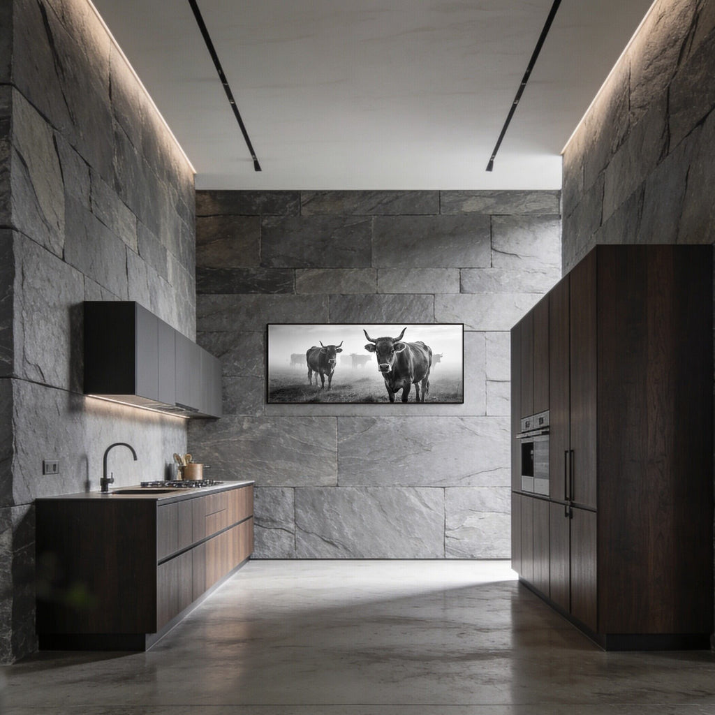 Alpine Cow Watch – Alu-Dibond wall art displayed in a modern kitchen with dark stone walls and sleek cabinets.