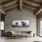 Alpine Cow Watch – Alu-Dibond wall art displayed in a modern mountain cabin living room.