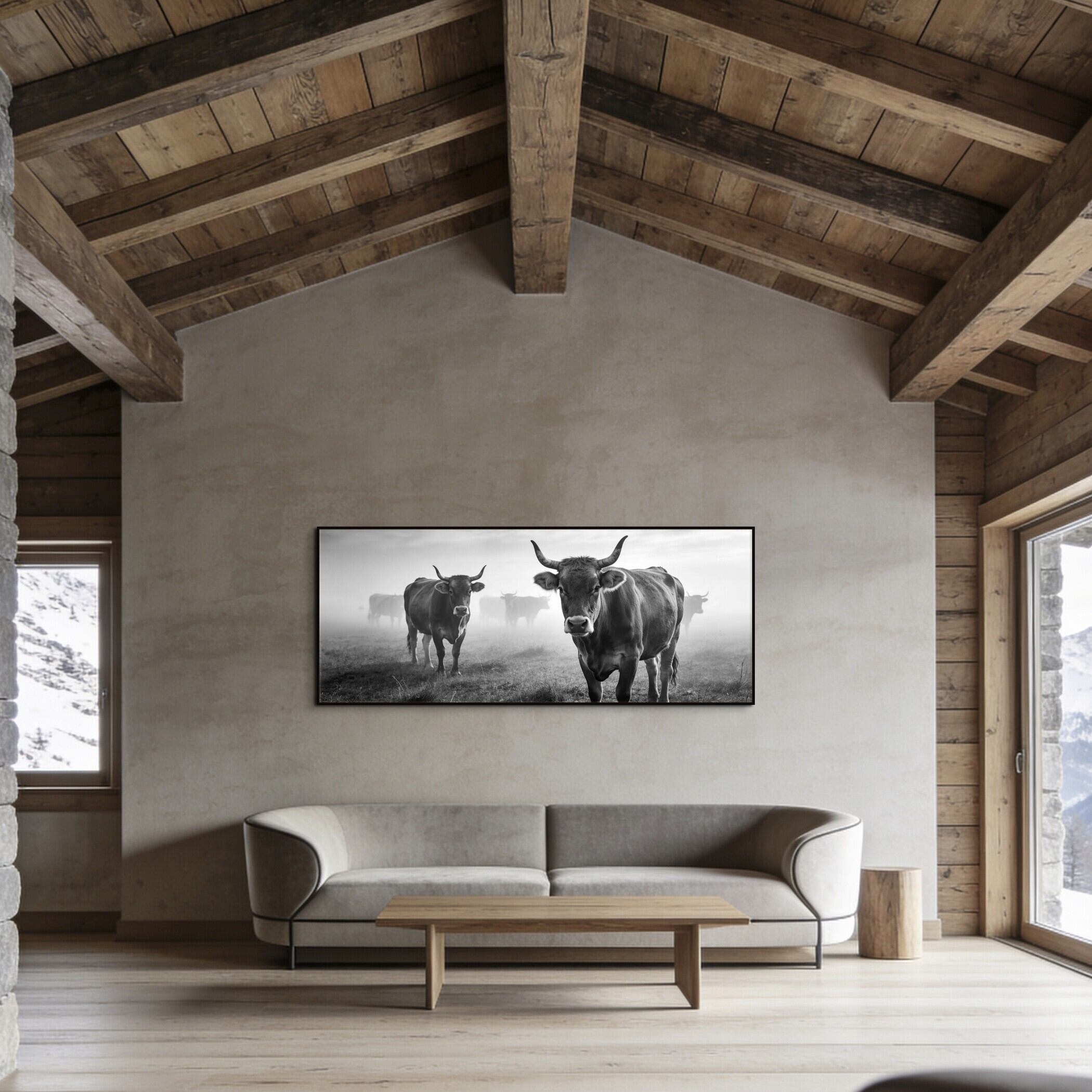 Alpine Cow Watch – Alu-Dibond wall art displayed in a modern mountain cabin living room.