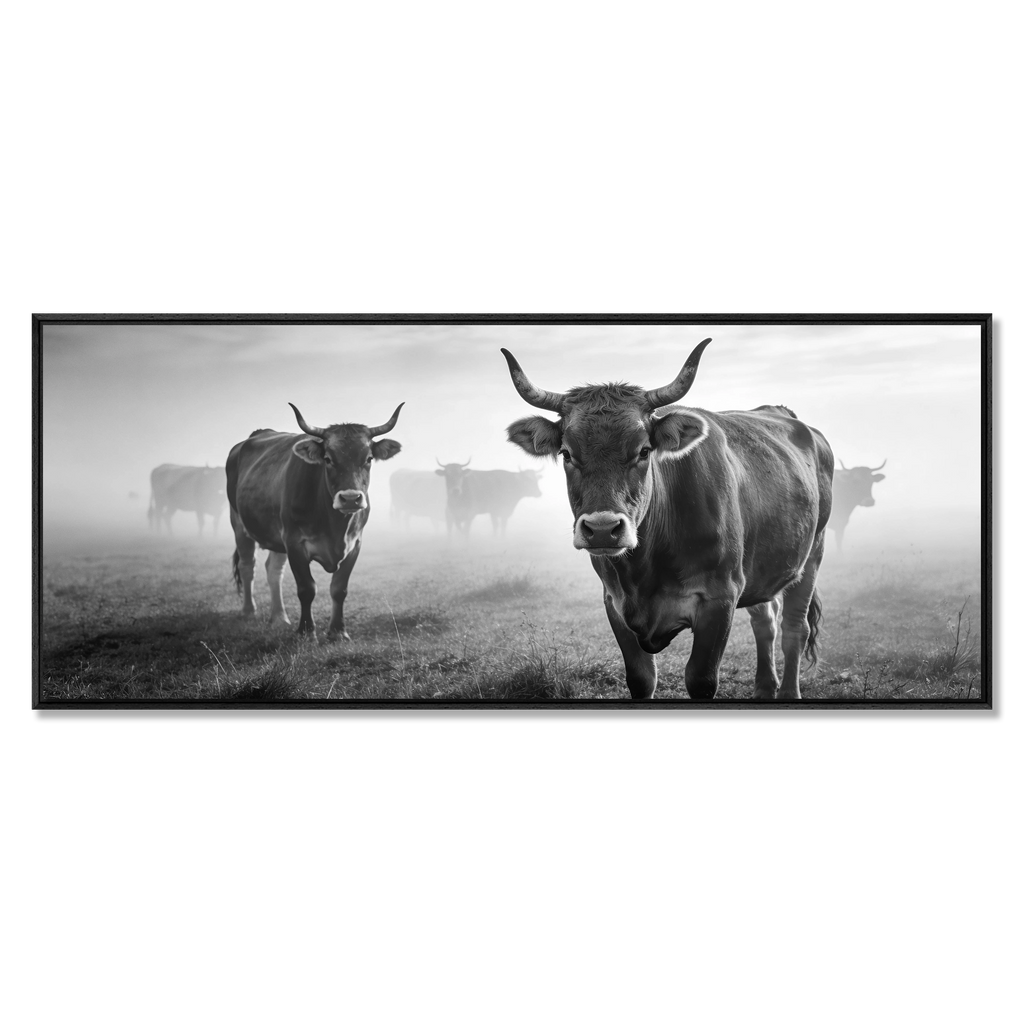 Alpine Cow Watch – Alu-Dibond wall art featuring alpine cows in a misty mountain field.