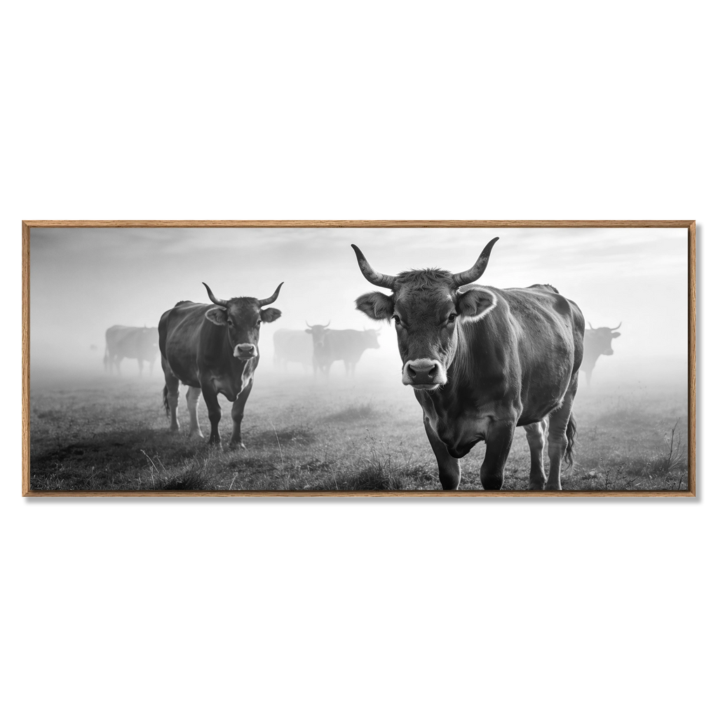 Alpine Cow Watch – Alu-Dibond wall art featuring cows in a misty mountain field, perfect for wall decor.