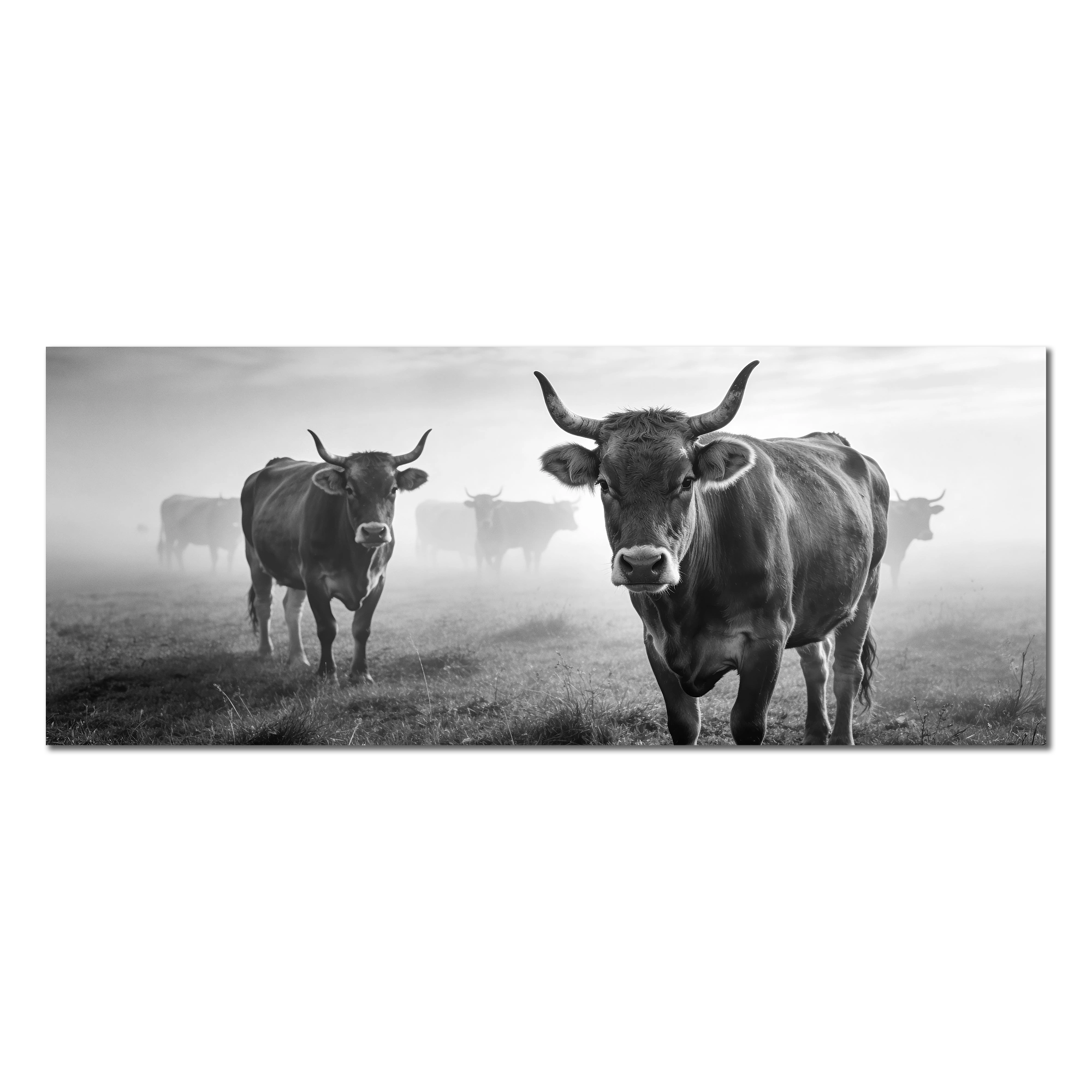 Alpine Cow Watch – Alu-Dibond wall art featuring cows in a foggy mountain field.