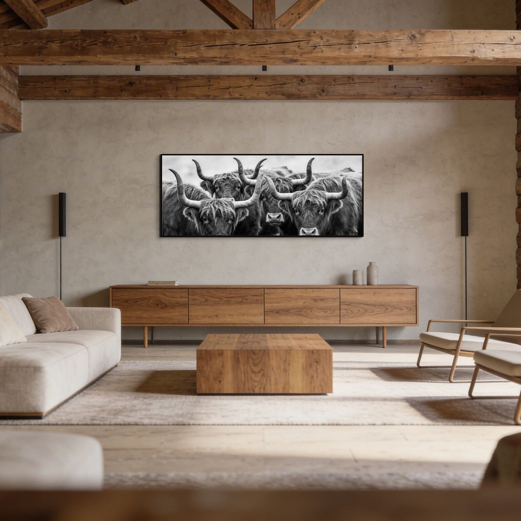Alpine Cows Gaze – Alu-Dibond wall art displayed in a modern living room, featuring black-and-white cows with curved horns.