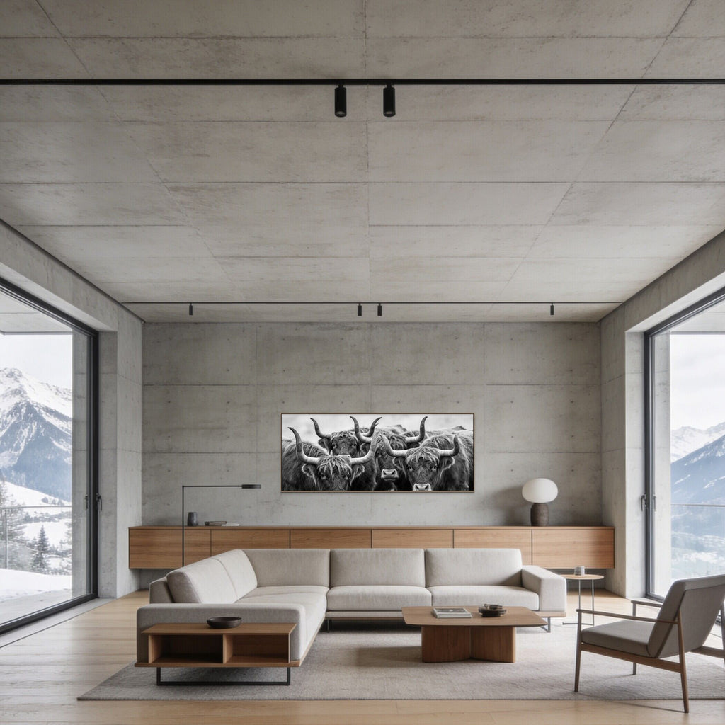 Alpine Cows Gaze – Alu-Dibond wall art displayed in modern living room with mountain view.