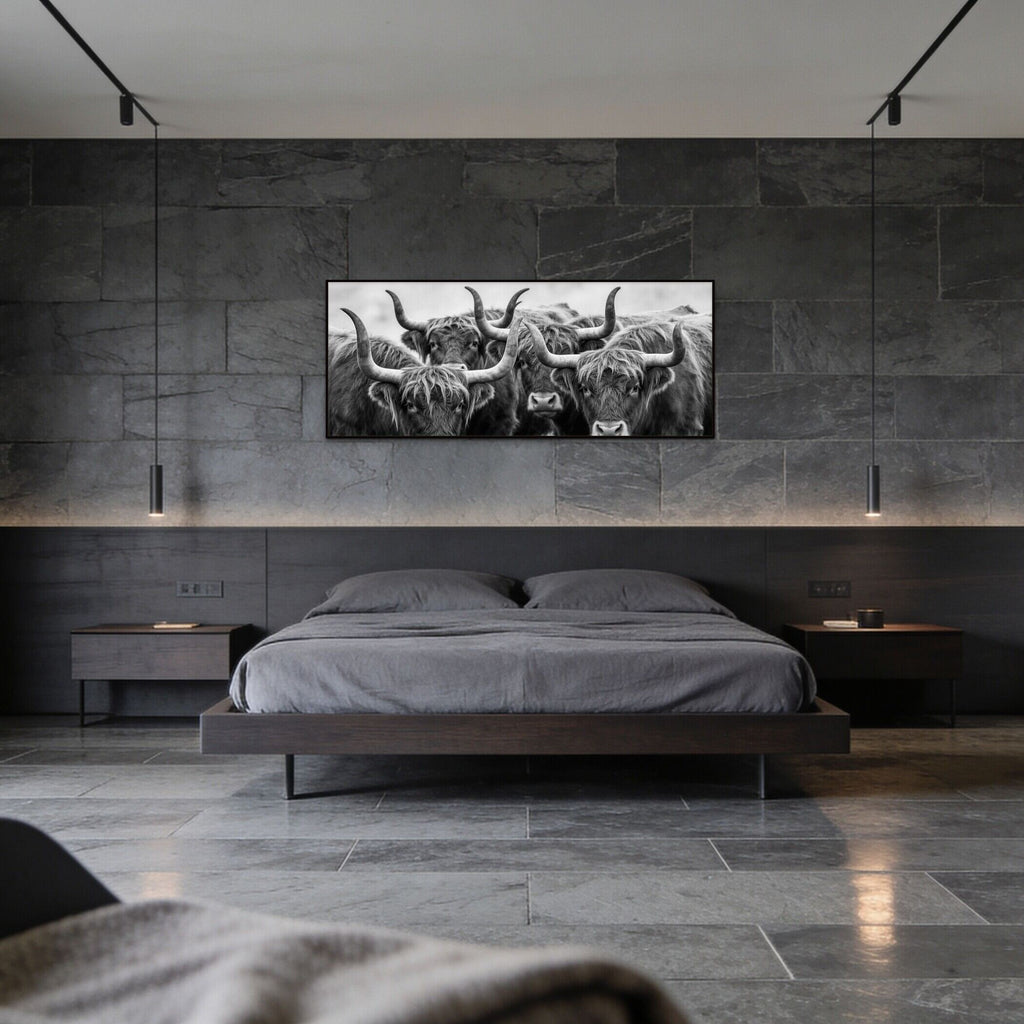 Alpine Cows Gaze – Alu-Dibond wall art displayed above a modern gray bed in a stylish interior.
