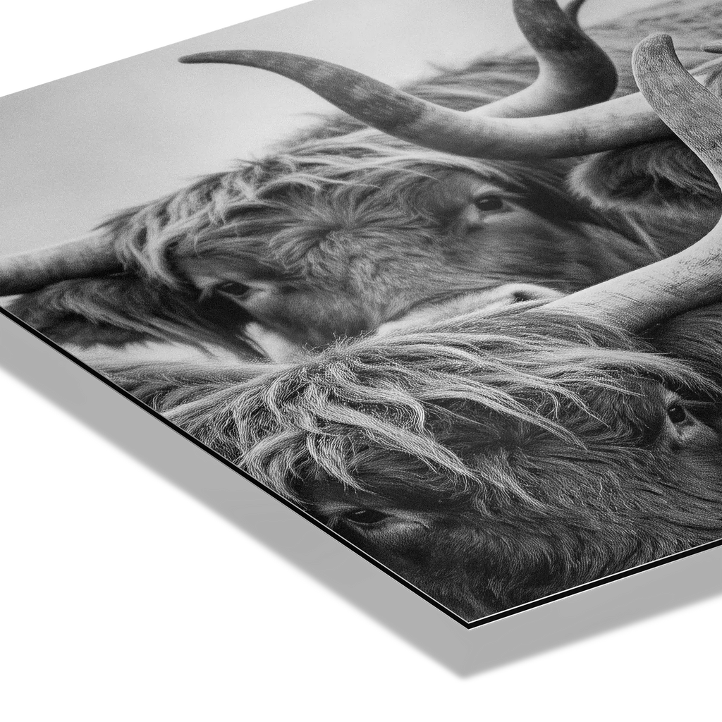 Alpine Cows Gaze – Alu-Dibond wall art featuring close-up portrait of Alpine cows with horns and misty mountain backdrop.