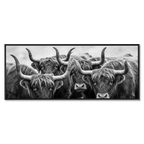 Alpine Cows Gaze – Alu-Dibond wall art featuring four Alpine cows with horns in black-and-white.