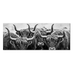 Alpine Cows Gaze – Alu-Dibond wall art featuring four cows with curved horns in black-and-white.