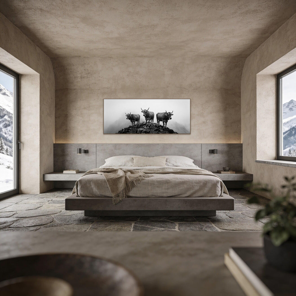 Alpine Cows Mist – Alu-Dibond wall art displayed in a modern bedroom with mountain views.