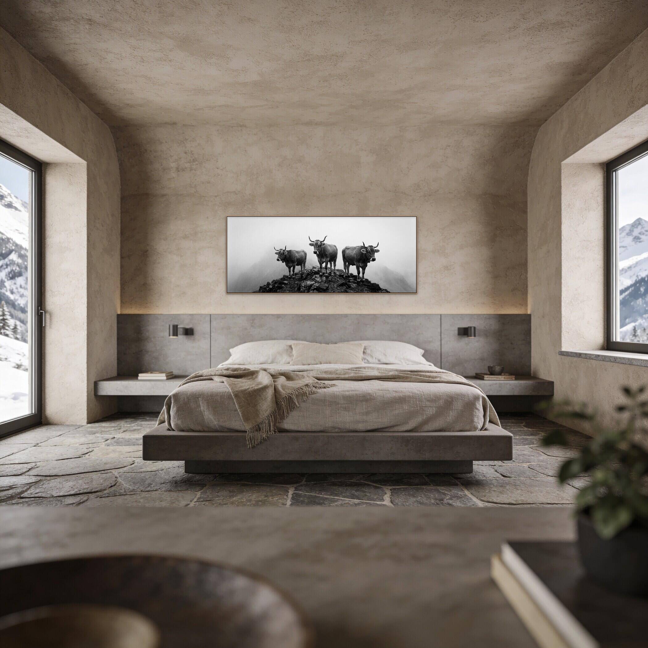Alpine Cows Mist – Alu-Dibond wall art displayed in a modern bedroom with mountain views.