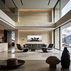 Alpine Cows Mist – Alu-Dibond wall art displayed in a modern living room with mountain views.