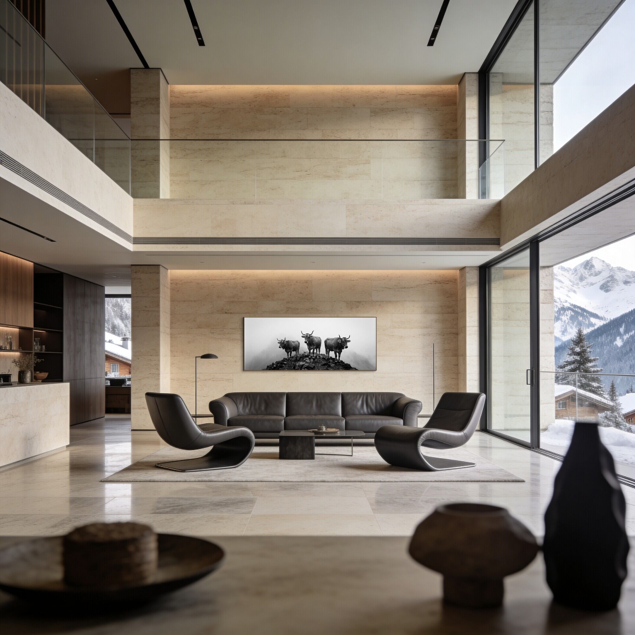 Alpine Cows Mist – Alu-Dibond wall art displayed in a modern living room with mountain views.