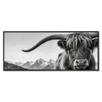Alpine Horned Beauty – Alu-Dibond wall art featuring a majestic black-and-white portrait of an Alpine cow.