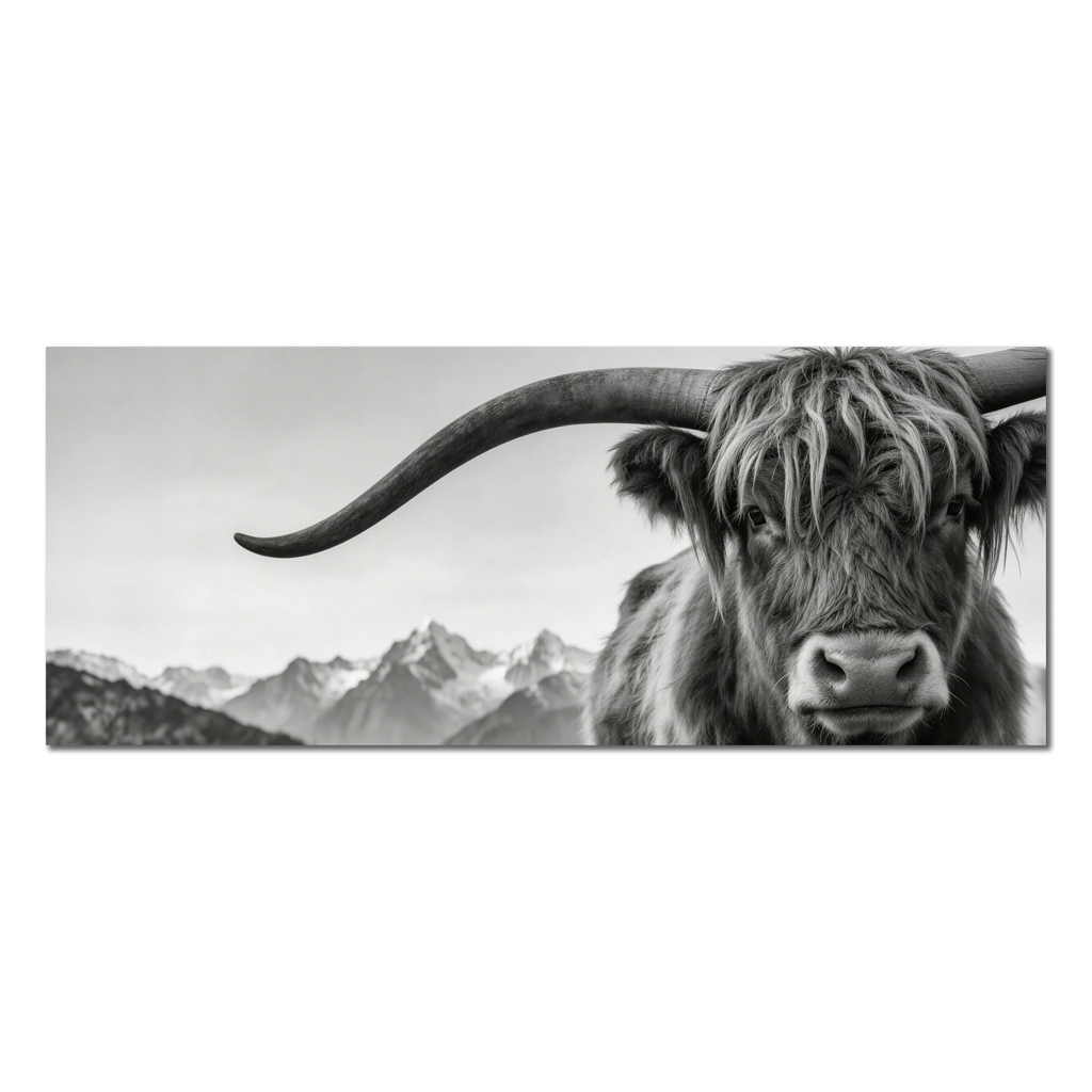 Alpine Horned Beauty – Alu-Dibond wall art featuring a black-and-white portrait of an Alpine cow.